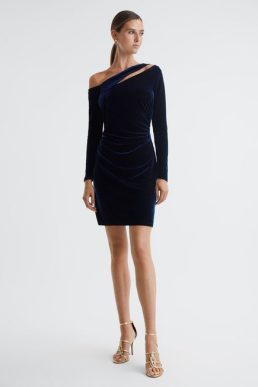 Reiss Camilla Velvet Off-The-Shoulder Mini Dress Navy