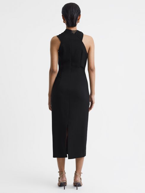 Reiss Vida Satin Halter Neck Fitted Midi Dress