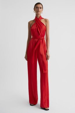 Reiss Jules Satin Halter Neck Fitted Jumpsuit Red