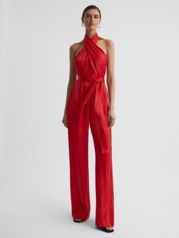 Reiss Jules Satin Halter Neck Fitted Jumpsuit Red