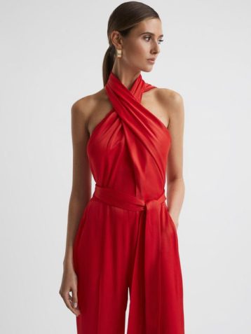 Reiss Jules Satin Halter Neck Fitted Jumpsuit Red