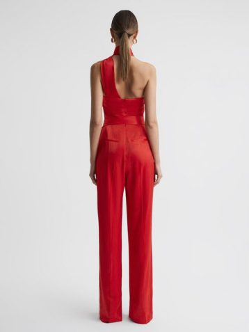 Reiss Jules Satin Halter Neck Fitted Jumpsuit Red