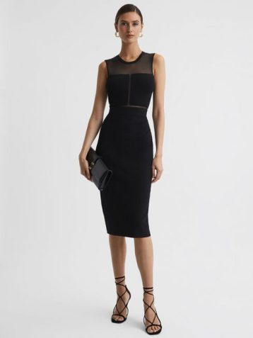 Reiss Lucia Sheer Knitted Bodycon Midi Dress Black