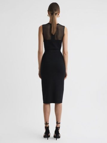 Reiss Lucia Sheer Knitted Bodycon Midi Dress Black