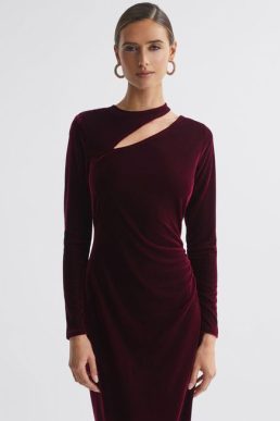 Reiss Macey Velvet Cut-Out Midi Dress Berry