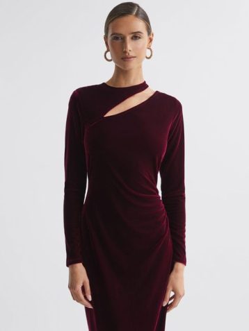 Reiss Macey Velvet Cut-Out Midi Dress Berry