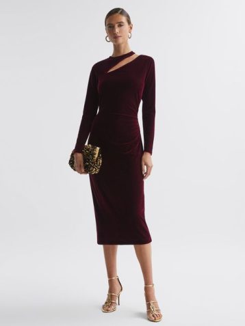 Reiss Macey Velvet Cut-Out Midi Dress Berry