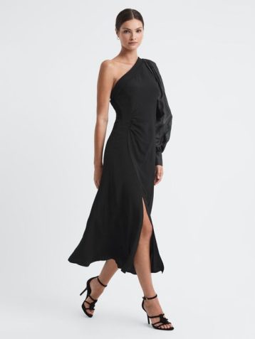 Reiss Maeve One-Shoulder Blouson Sleeve Midi Dress black