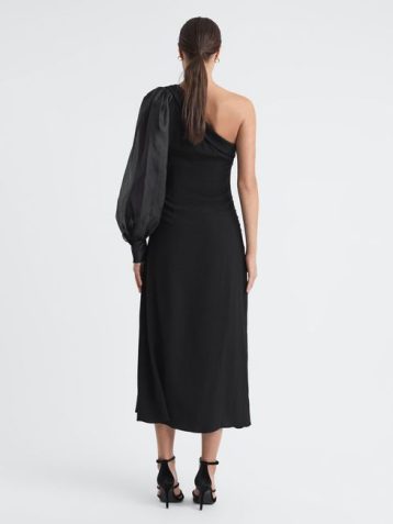 Reiss Maeve One-Shoulder Blouson Sleeve Midi Dress black