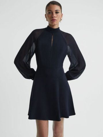 Reiss Perry Sheer Blouson Sleeve Mini Dress Navy Blue