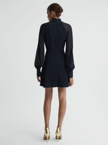 Reiss Perry Sheer Blouson Sleeve Mini Dress Navy Blue