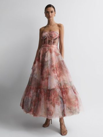 Reiss Rae Leo Lin Bustier Tulle Midi Dress Blush pink Azalea Print Fortune