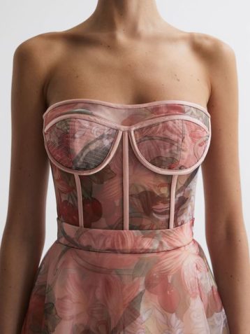 Reiss Rae Leo Lin Bustier Tulle Midi Dress Blush pink Azalea Print Fortune