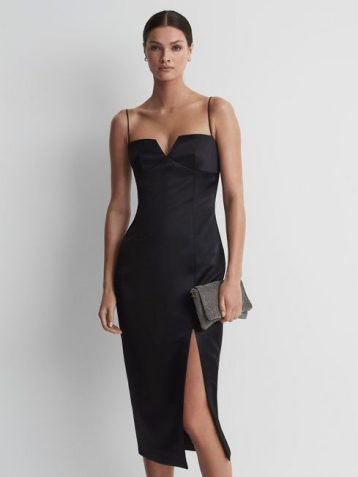 Reiss Rue Rachel Gilbert Satin Fitted Midi Dress Black