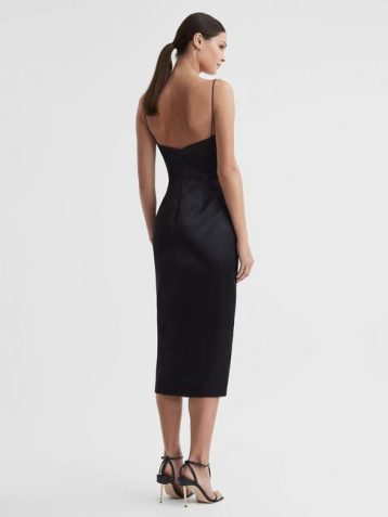 Reiss Rue Rachel Gilbert Satin Fitted Midi Dress Black