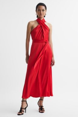 Reiss Vida Satin Halter Neck Fitted Midi Dress Red