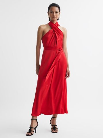 Reiss Vida Satin Halter Neck Fitted Midi Dress Red