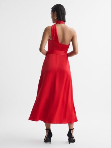 Reiss Vida Satin Halter Neck Fitted Midi Dress Red