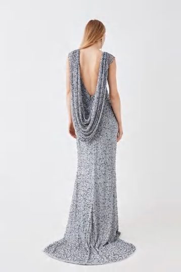 Coast Draped Cowl Back Sequin Black Tie Maxi Dress silver