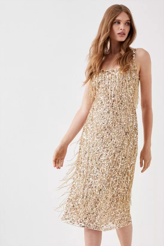 Sequin & Bead Midi Cami Dress gold