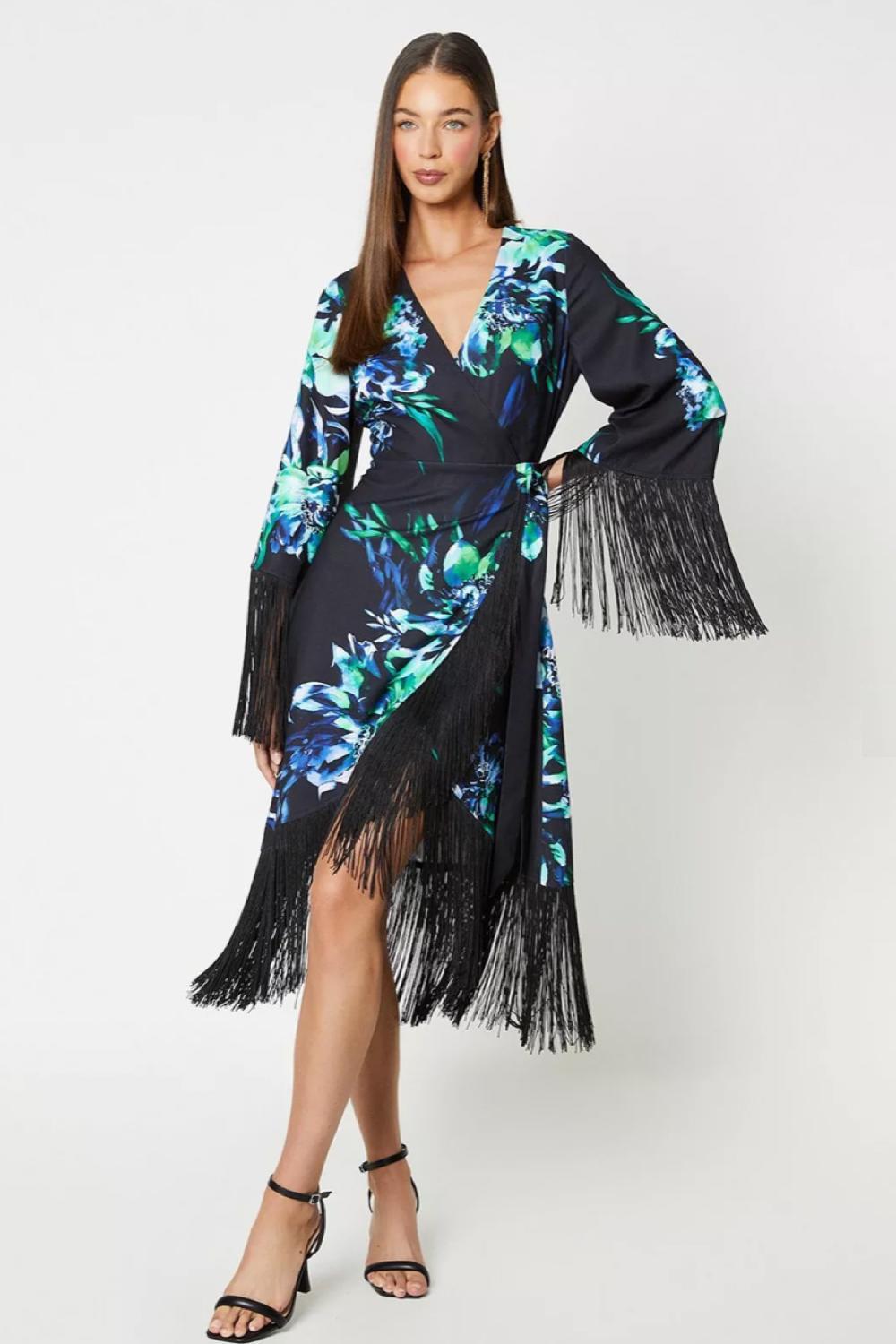 Printed Fringe Wrap Midi Dress, was £149 > now £134.10