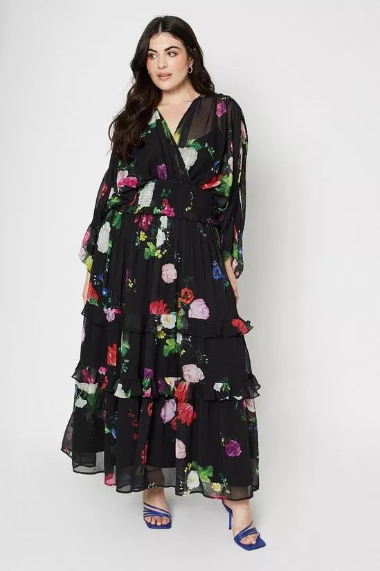 Plus Size Ruched Sleeve Tiered Maxi Dress black multi