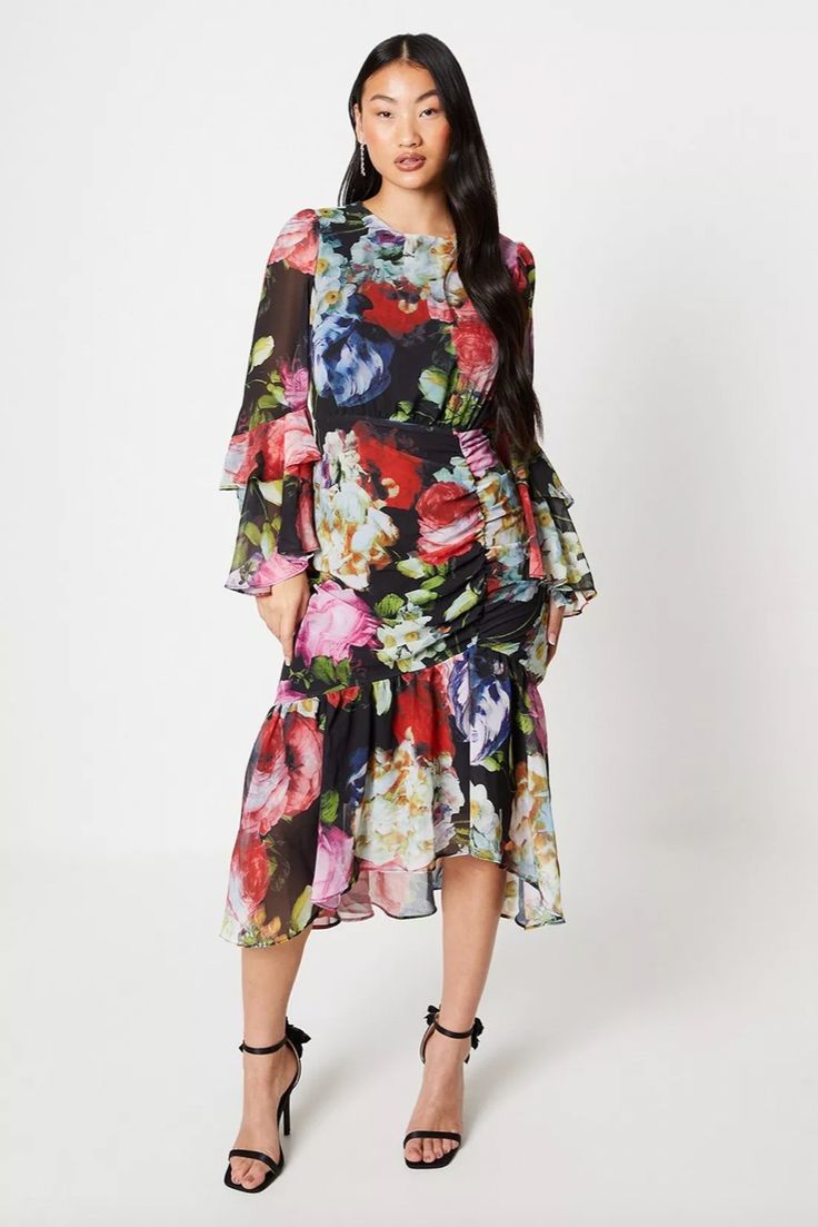 Petite Ruched Skirt Flute Sleeve Midi Dress