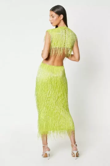 COAST Sophie Habboo Fringe Embellished Midi Dress Lime Green