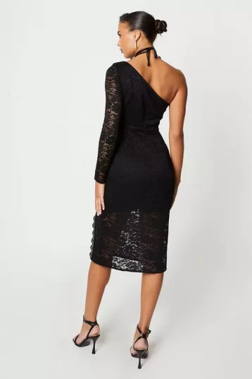 COAST Sophie Habboo One Shoulder Lace Midi Dress With Corsage Black