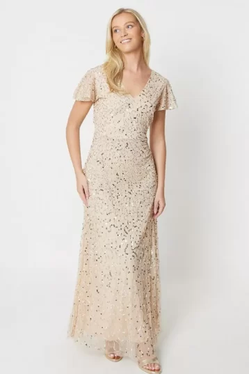 Debut Embellished Flutter Sleeve Bridesmaids Maxi Champagne