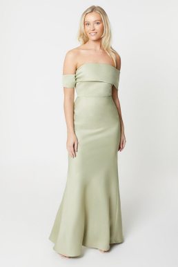 Debut London Asymmetrical Bardot Satin Bridesmaid Dress Olive Green