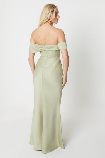 Debut London Asymmetrical Bardot Satin Bridesmaid Dress Olive Green