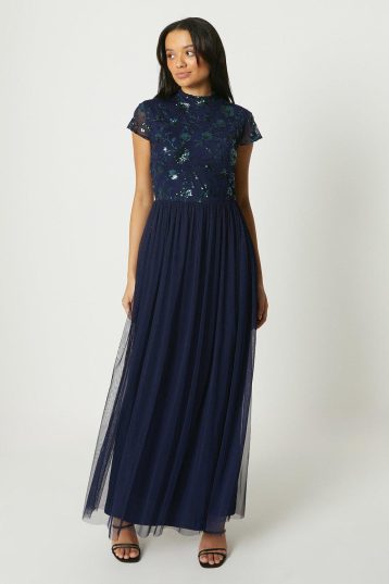 Debut London Cap Sleeve High Neck Mesh Skirt Maxi Dress Navy