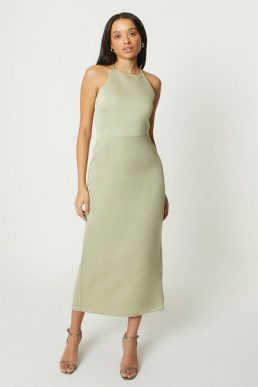 Debut London Halterneck Satin Column Bridesmaids Dress Olive