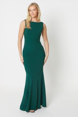 Debut London Pleat Waist Scuba Crepe Bridesmaids Dress Emerald Green