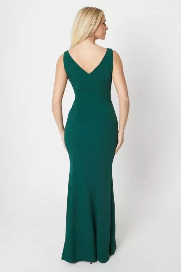 Debut London Pleat Waist Scuba Crepe Bridesmaids Dress Emerald Green