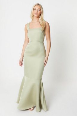 Debut London Square Neck Satin Peplum Hem Bridesmaids Dress Olive Green