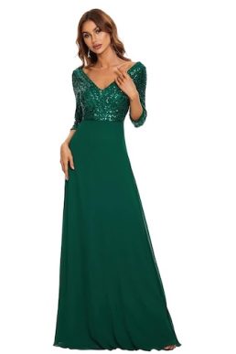 Ever-Pretty V Neck Long Sleeve Elegant A Line Floor Length