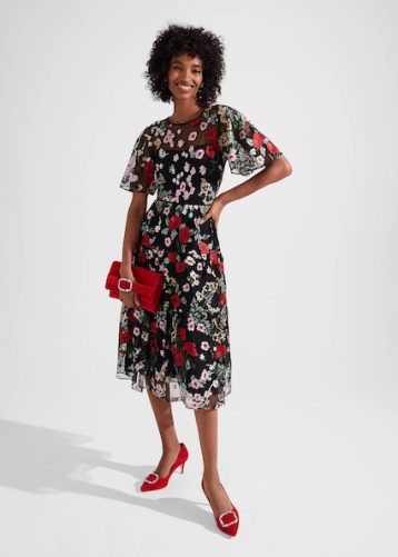 Hobbs Dana Embroidered Dress Red Black