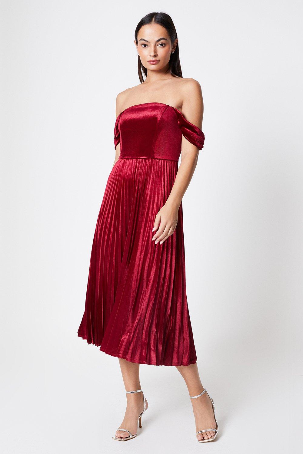 COAST Velvet Bardot Drape Sleeve Pleated Dress