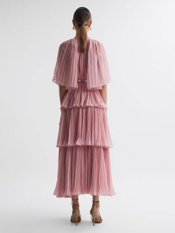 Reiss Adele Leo Lin Pleated Tiered Midi Dress Dusty Pink Blush