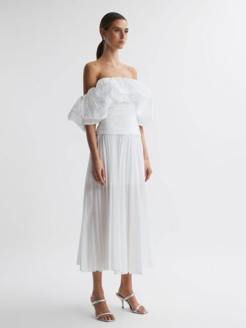 Reiss Arahura Acler Pleated Puff Sleeve Midi Dress Ivory