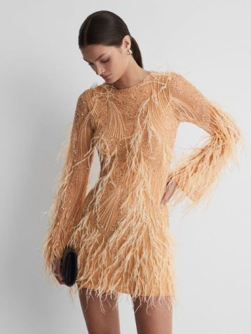 Reiss Aster Rachel Gilbert Embellished Feather Mini Dress Blush