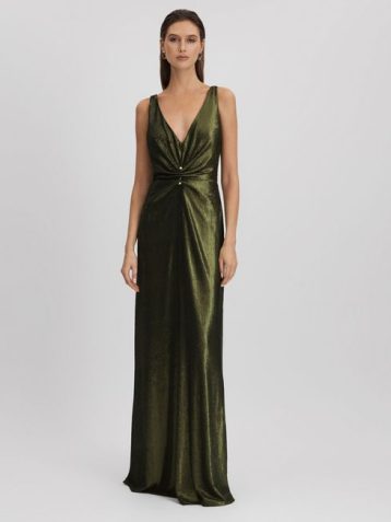 Reiss Cassandra Halston Sequin Ruche Maxi Dress Green