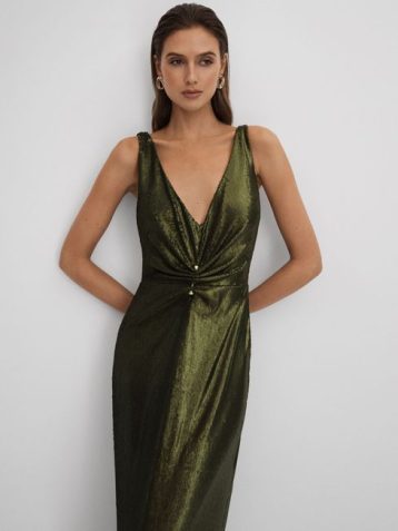 Reiss Cassandra Halston Sequin Ruche Maxi Dress Green