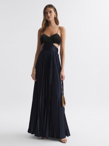 Reiss Elodie Amur Pleated Cut-Out Maxi Dress Black