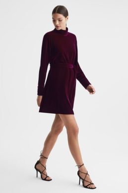 Reiss Essie Velvet Belted Mini Dress Berry