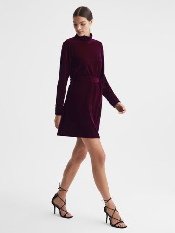 Reiss Essie Velvet Belted Mini Dress Berry