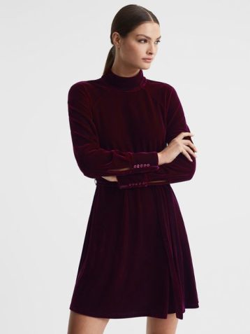 Reiss Essie Velvet Belted Mini Dress Berry