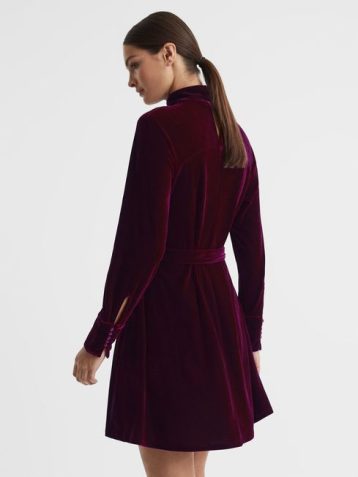 Reiss Essie Velvet Belted Mini Dress Berry